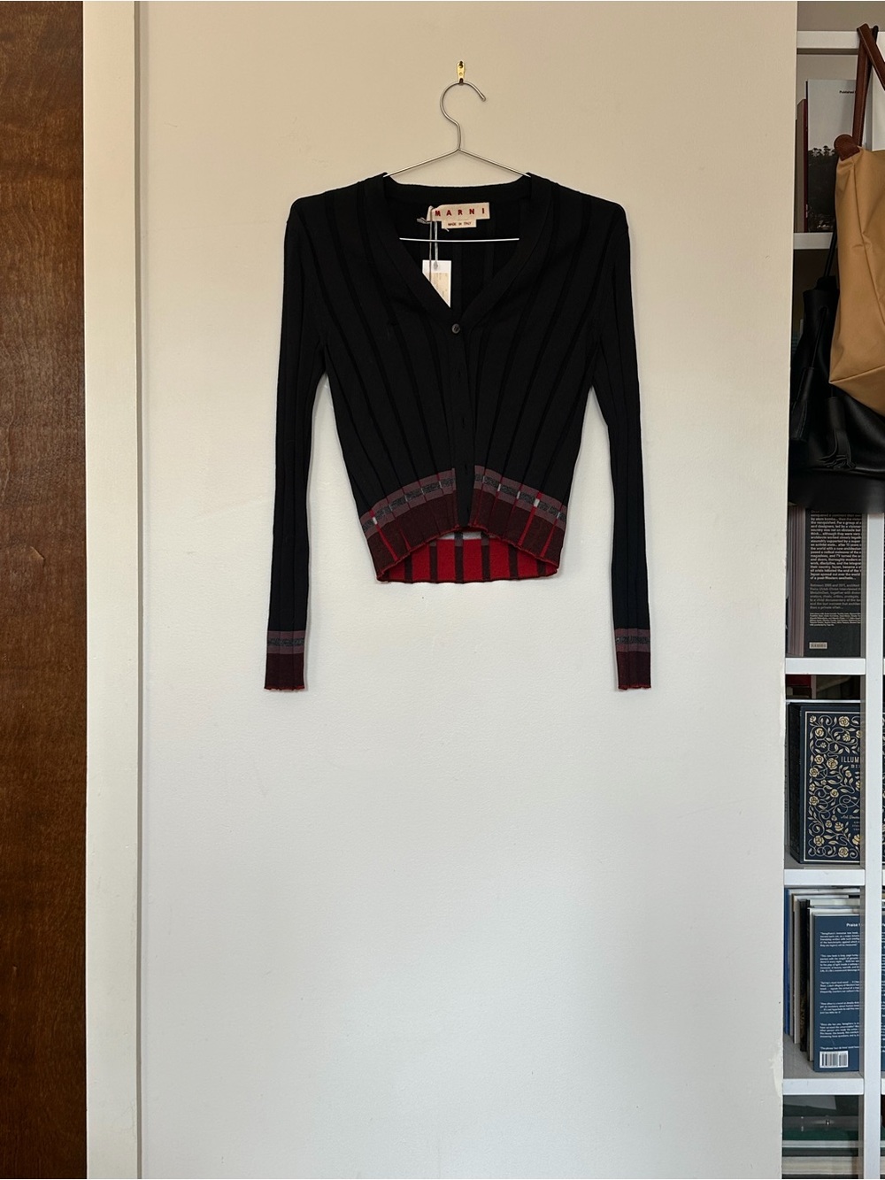 Marni Black Cropped Ribbed Button-Down Cardigan with Red Trim